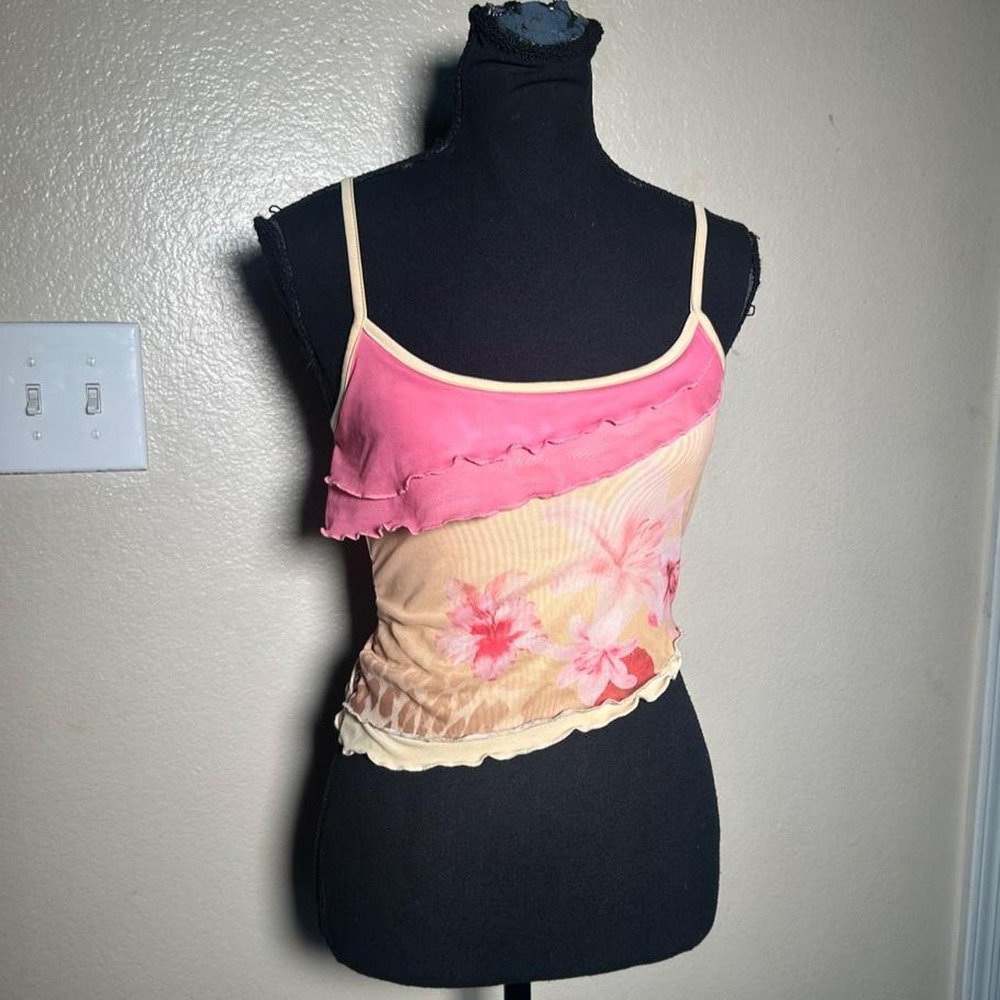 Y2K Floral Mesh Cami Tank Top Pink Cream Ruffle Sheer Fairycore Small